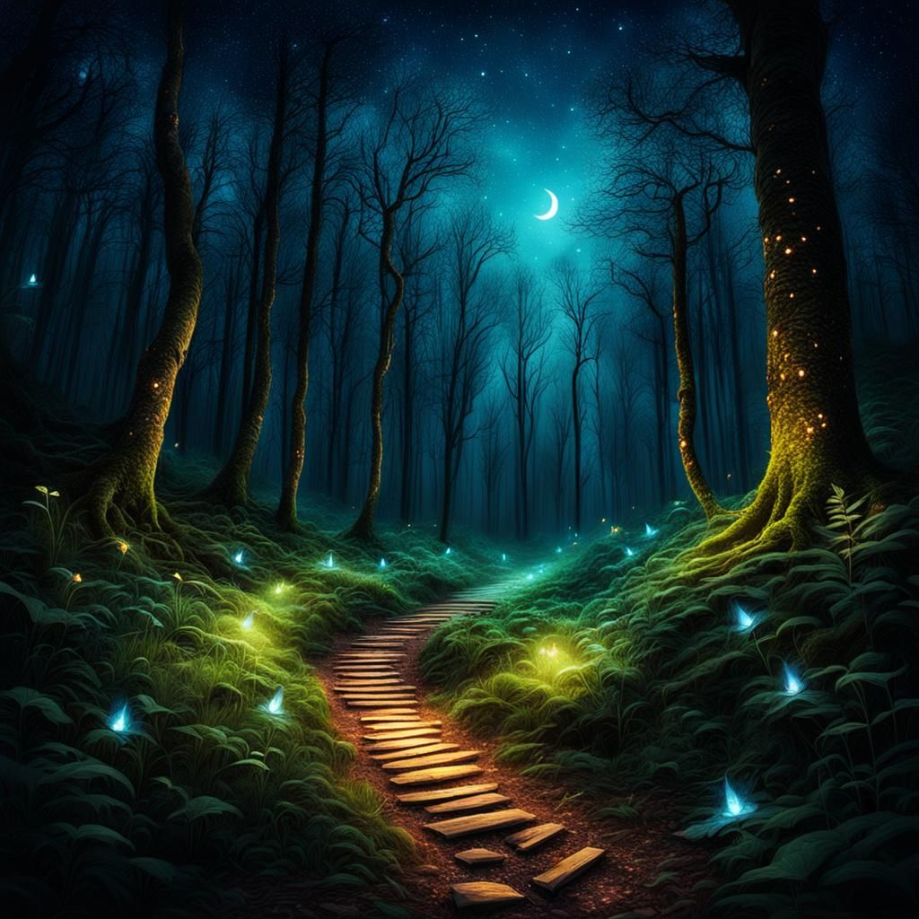 Enchanted Firefly Forest Path at Night