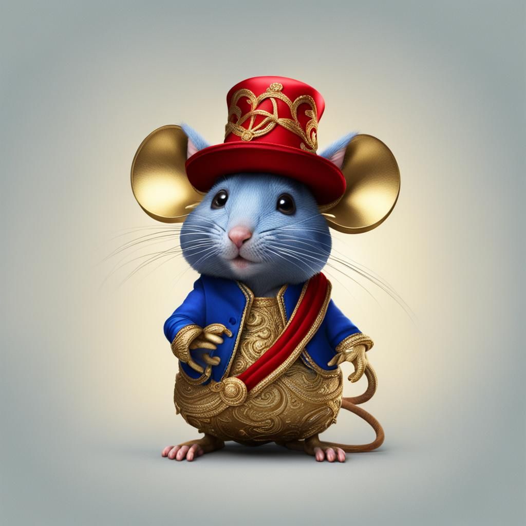 a blue mouse dressed in gold with a red hat