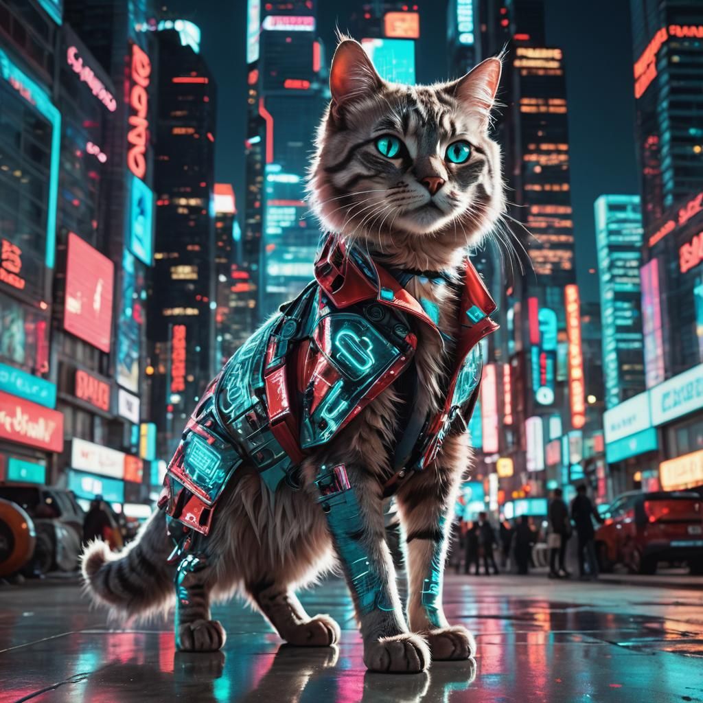 A cool cat, light red and turquoise, chromepunk