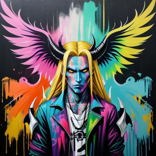 Gorgeous demon long blonde braids horns wings 
Punk clothing...