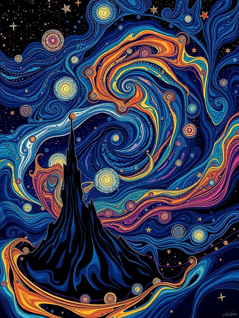 Dreamy Nightscape with Vibrant Fractals and Starry Sky