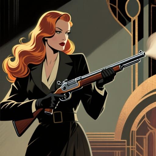 a female art deco detective, long hair, radiant, she is wielding a lever action gun, relaistic,cinematic,film,retro,