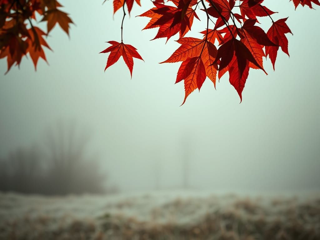 A crimson maple leaf in a spiralling free fall down over a frosty foggy misty morning pasture, poetic decay, cinematic lighting, shallow dep...