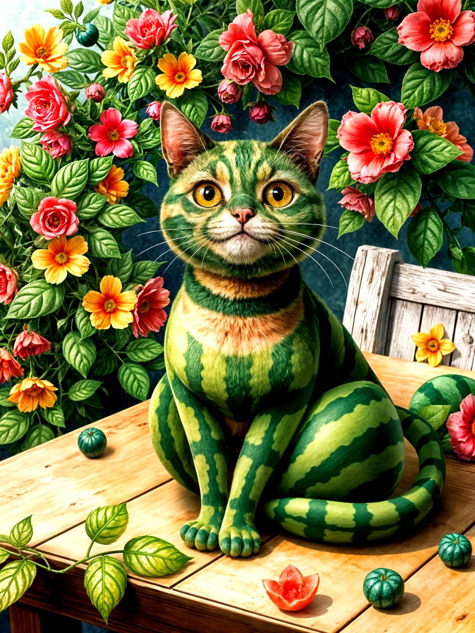 A watermelon cat with striped green fur   by @Quebra