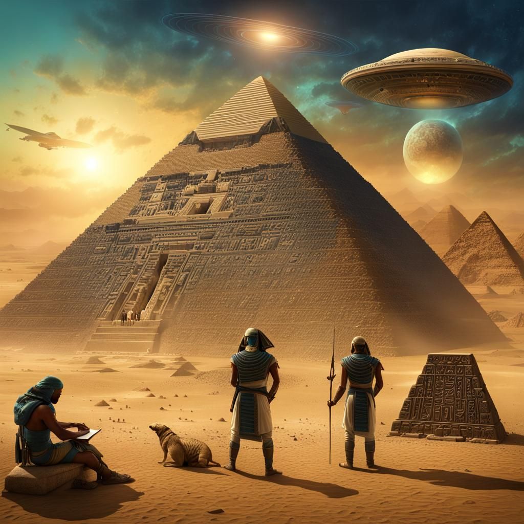 Egyptian Alien Reads Pyramid Hieroglyphics: Hyperrealistic 8...