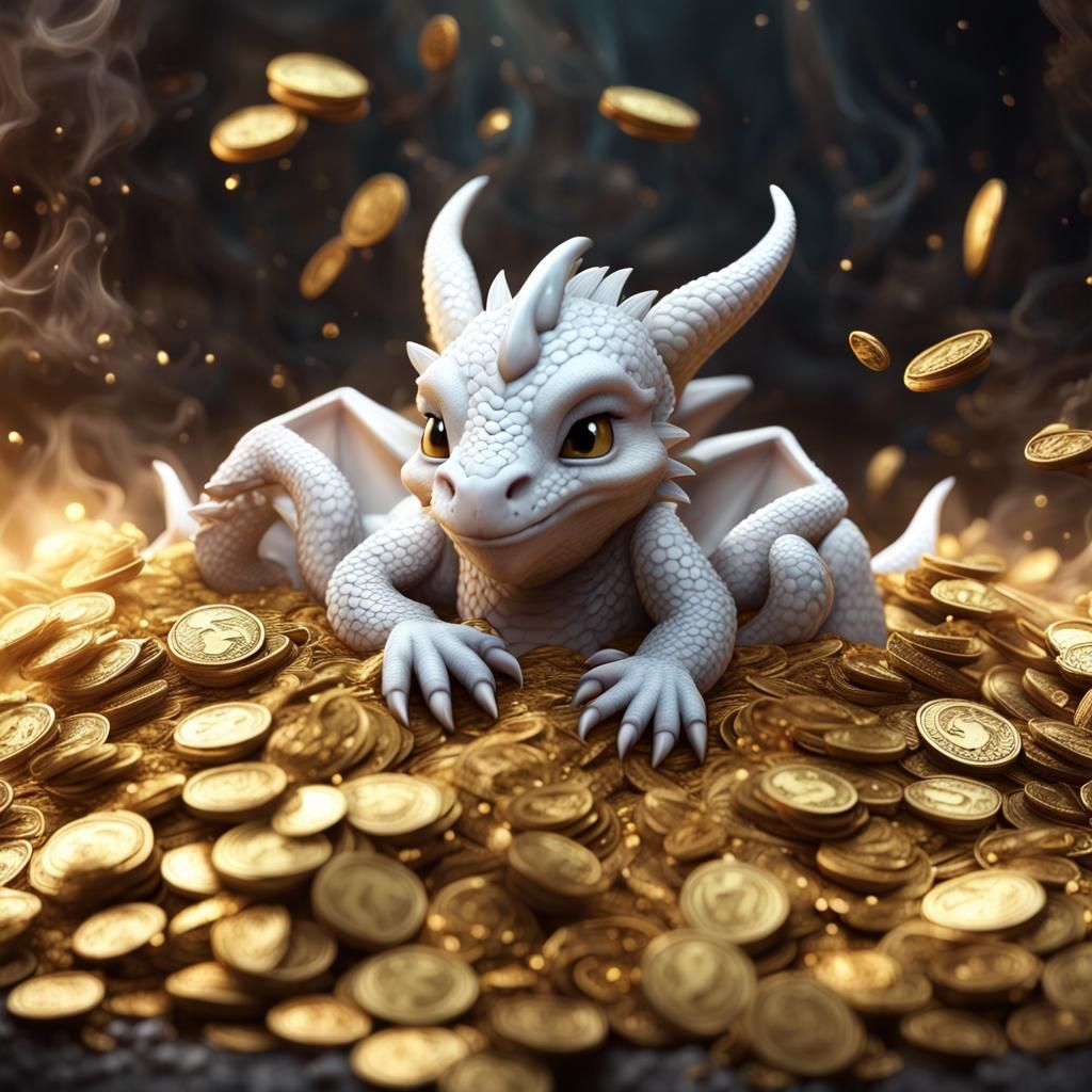 A cute, white baby dragon sleeping on a huge mound of gold c...