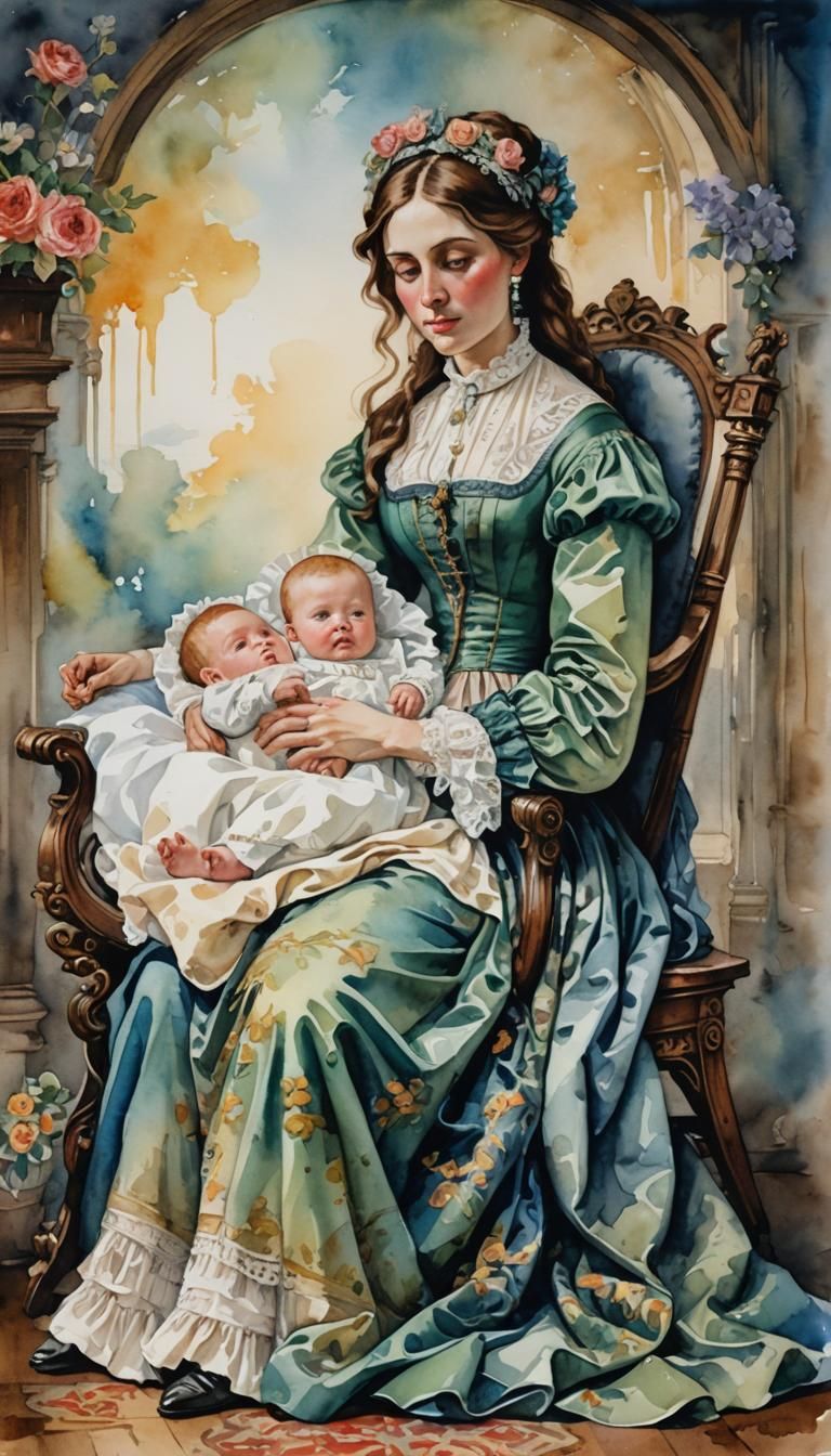 Motherhood a woman sits next to a cradle with a baby from th...