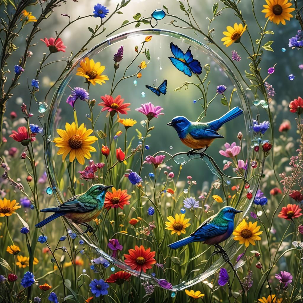Garden flowers and birds