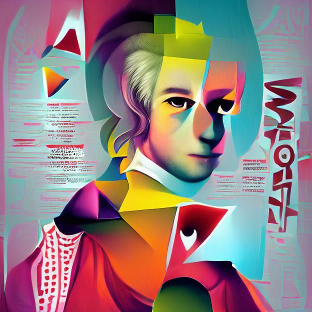 A portrait of Wolfgang Amadeus Mozart. Sharp. Polished. vibr...