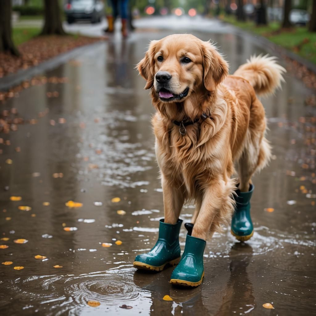 Golden Retriever with Rain Boots