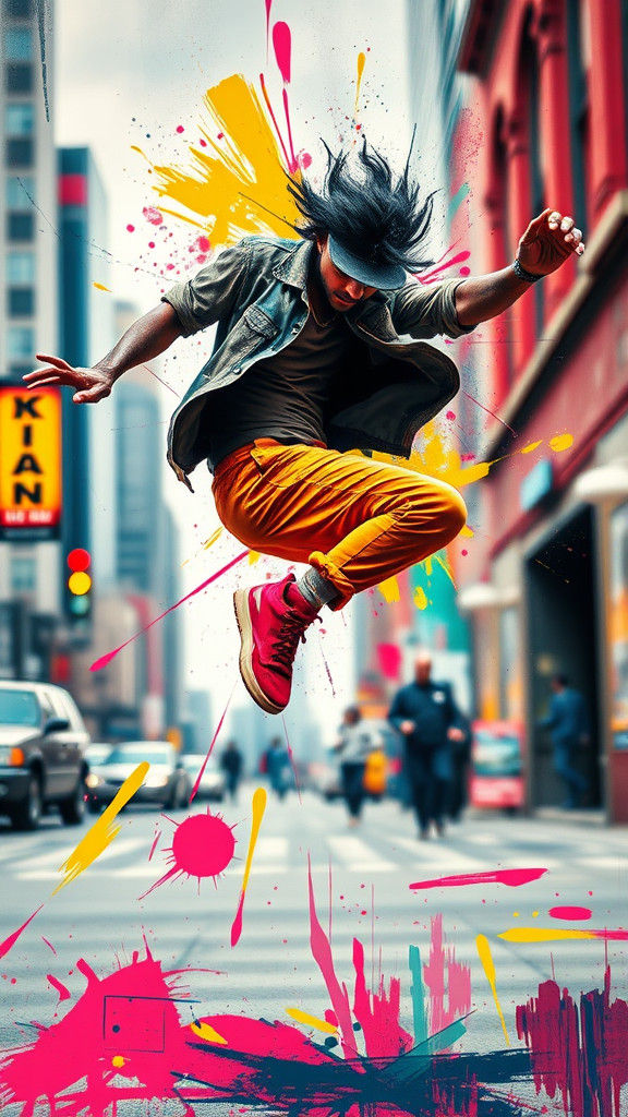 A dynamic street dancer featuring a powerful abstract depict...
