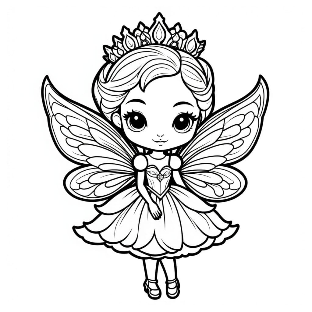 Kawaii, Fairy princess, black outlines, white background, sharp focust <lora:Coloring-Book-flux:1.0> 