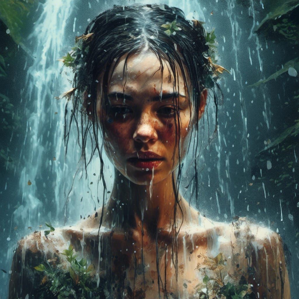 Woman Under Waterfall: Digital Airbrush Fantasy Art
