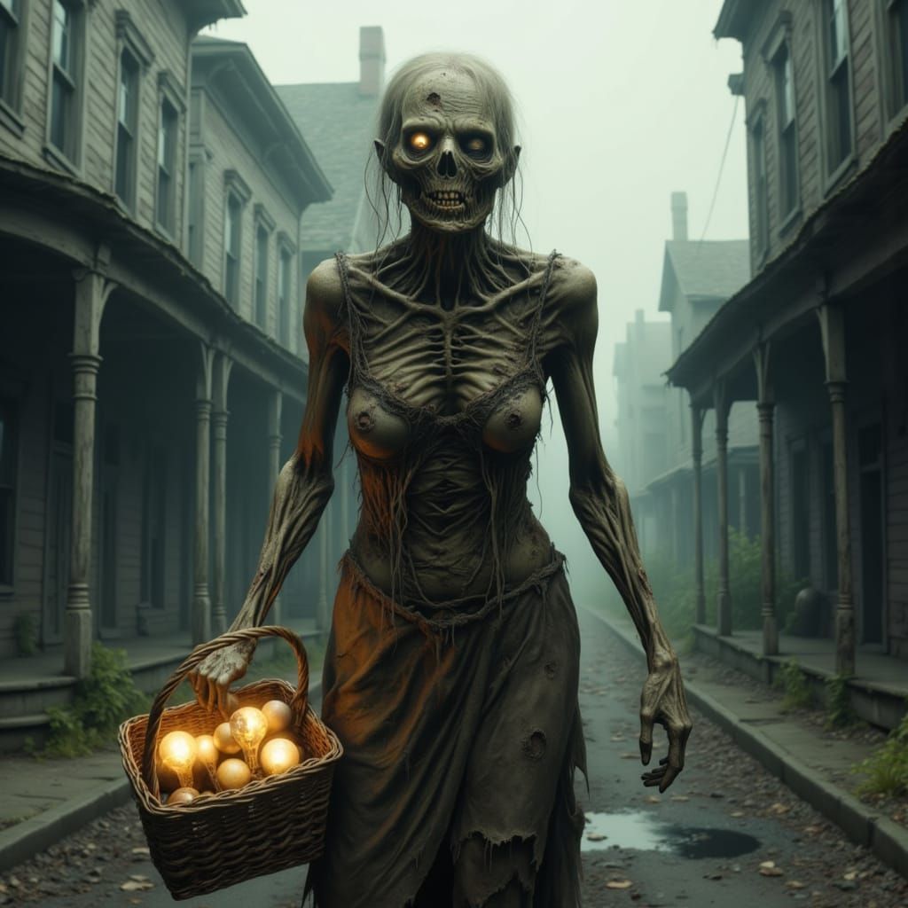 female zombie carrying a basket of glowing lightbulbs. Main street, abandoned. Dawn. Dreamy. Steampunk. <lora:Zombies1:1.0>