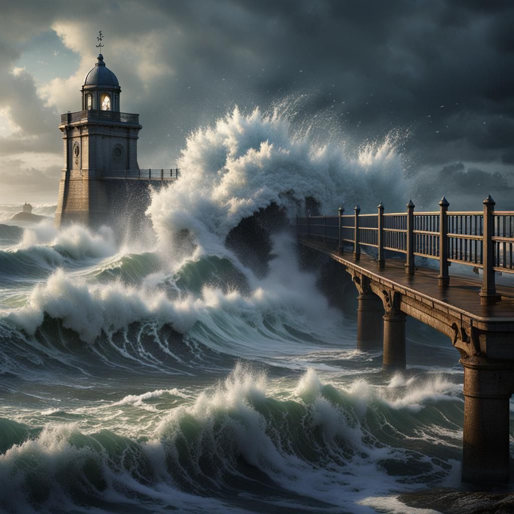 storm in Brittany, furious waves rush onto the pier, detailed image, focus on the foam  by @coupdevent