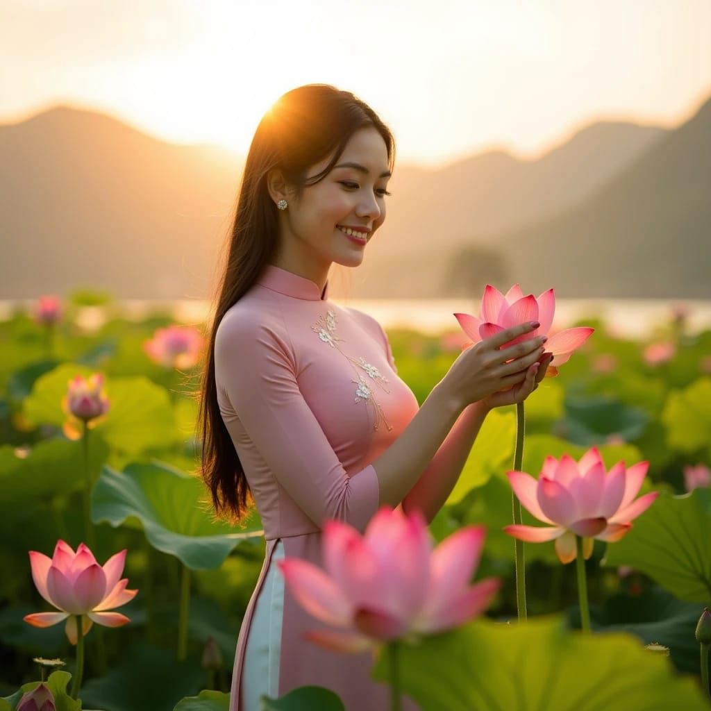 Lady in Vietnamese ao dai & Lotus