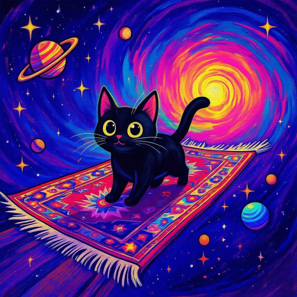 small black cat on a flying carpet through the galaxy  in water color animation