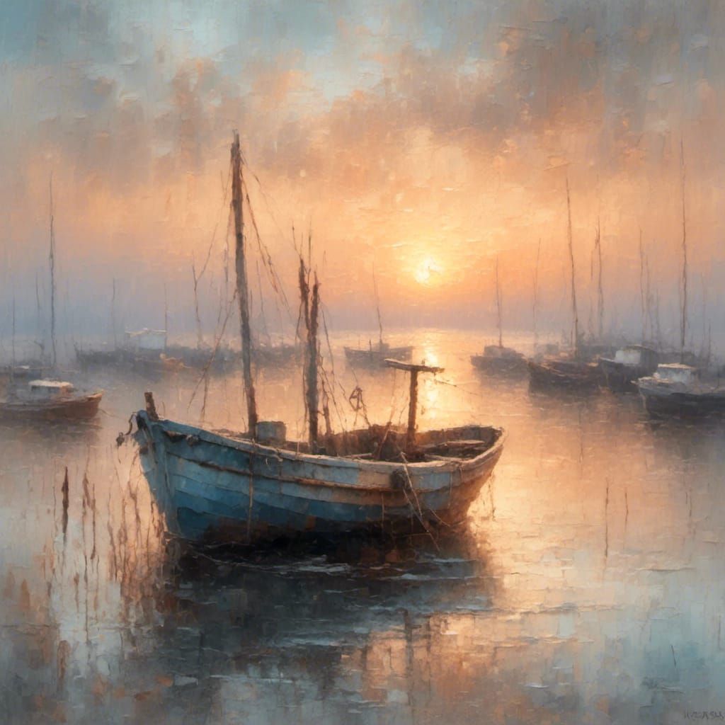 An impressionist painting of fishing boat on the open sea  at sunset  by @Joseph