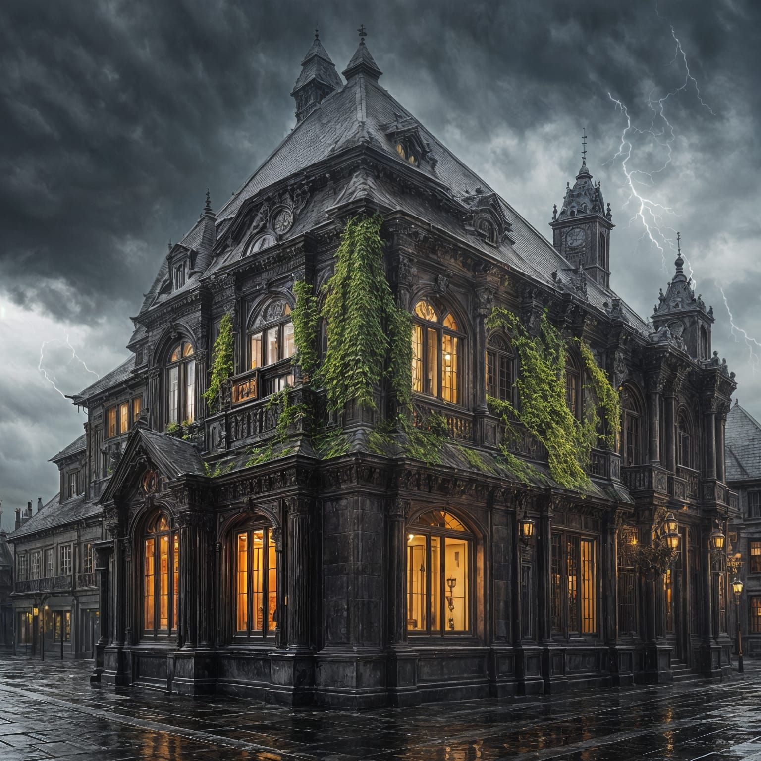 Mysterious Gothic City on a Stormy Night