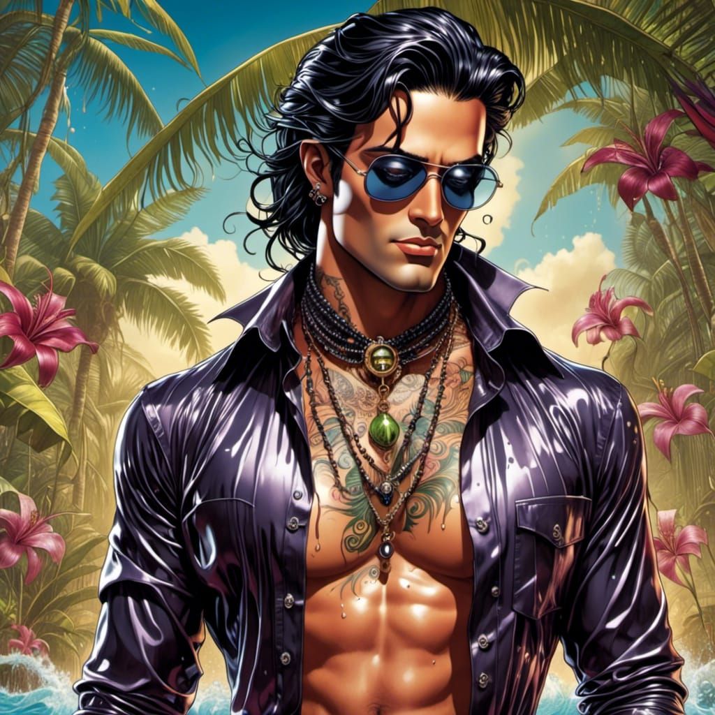 wet man<lora:TropicalPunk:1.0> 