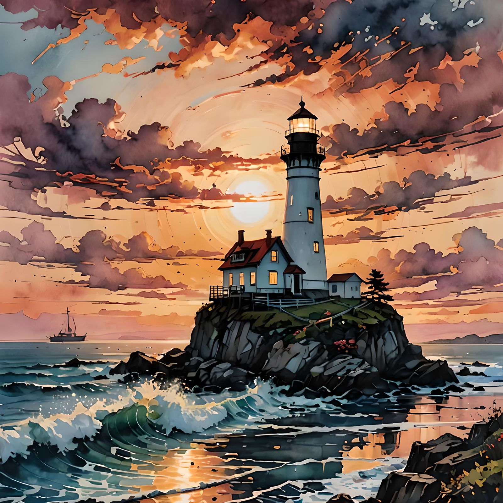 Dreamshaper Sunset Lighthouse  by @Topher