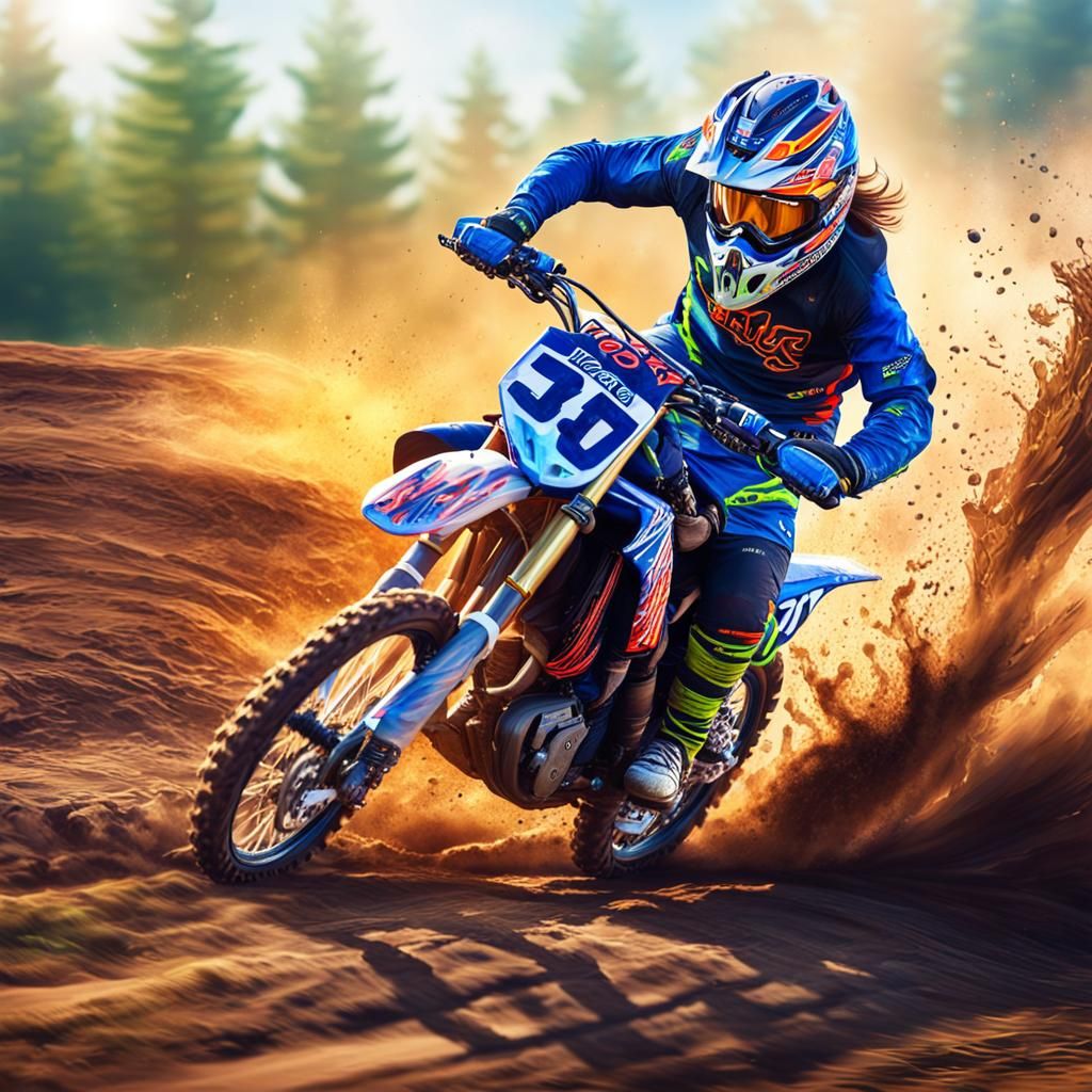 Motocross rider long hair on a motocross track going fast