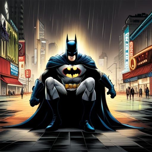 batman sitting on the sidewalk in the rain, hyperdetailed, dynamic ...