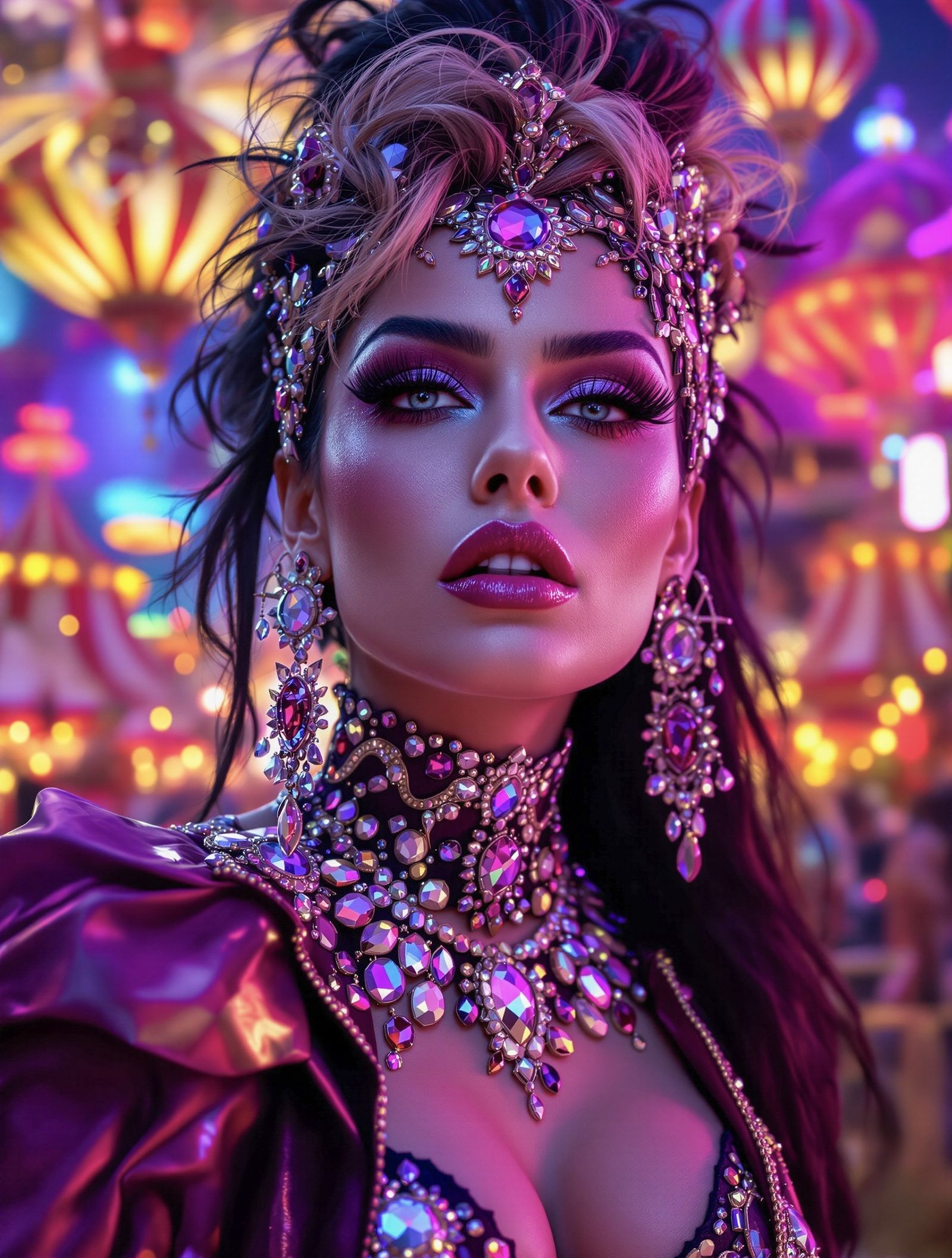 Female Rockstar in Jewel encrusted clothing at a Carnival
