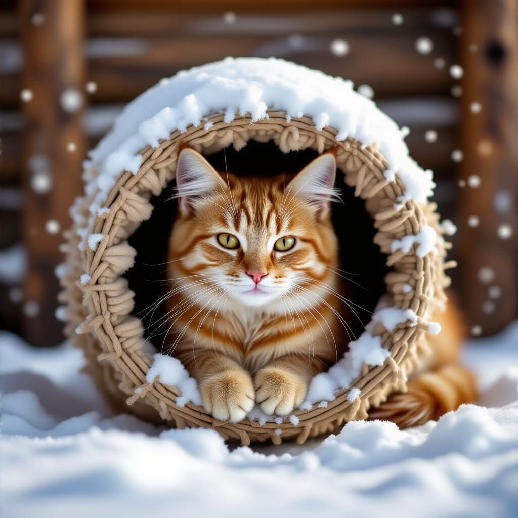 Ginger Cat Sleeps in Snowy Boot with Soft Light