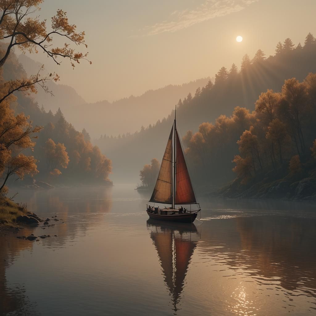 Sailboat on Misty River: Matte Painting in Art Nouveau Style