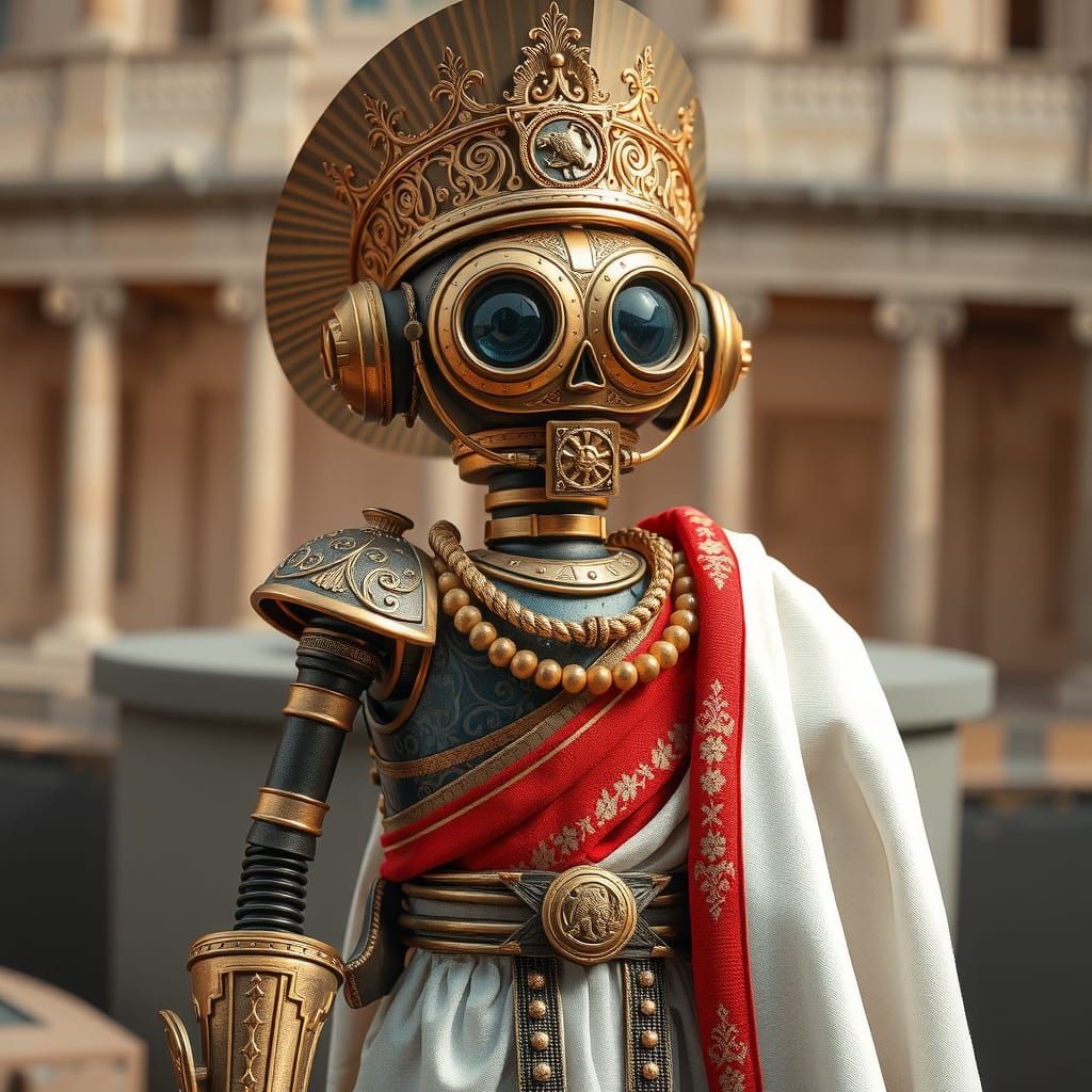 (((Realistic Toy robot wearing Roman Era clothing))); ((Rome background)) background; intricate,  elaborate, ...  by @Dawn_Day_Dreamer
