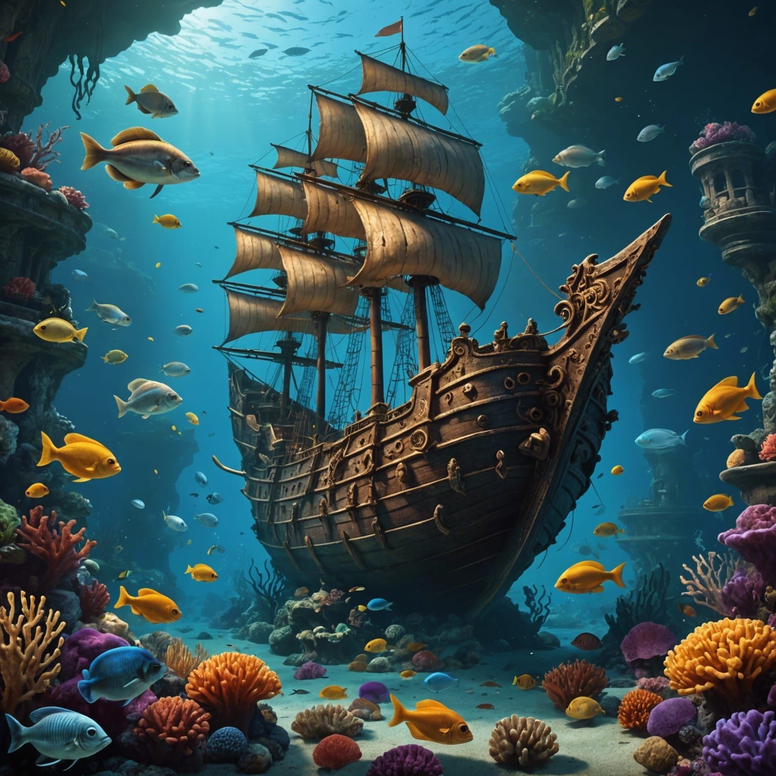 Old ship among fishes 