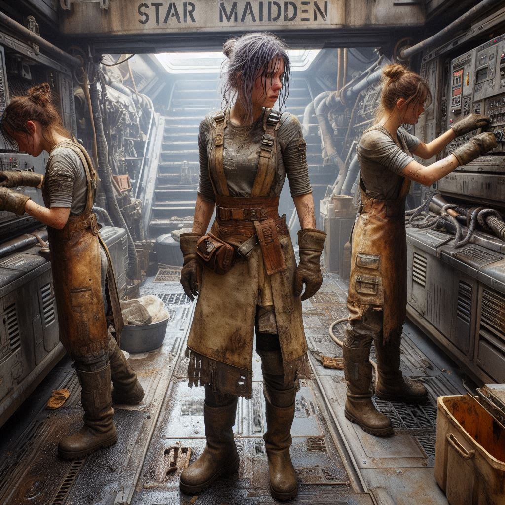 In the maintenance bay of an old spacefreighter, machinery i...