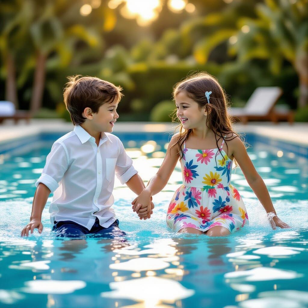 A boy and a girl in beautiful clothes hold hands and jump into the pool.