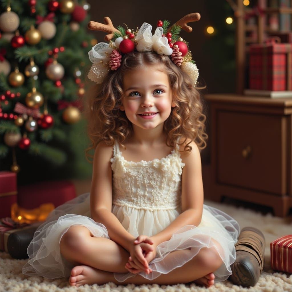 <lora:CHRISTMAS FLUX:1.0> <lora:FiosFantasyGlow:1.0> 
WHimsical young child with full  curly hair sits cross-legged in front of  santa in a ...