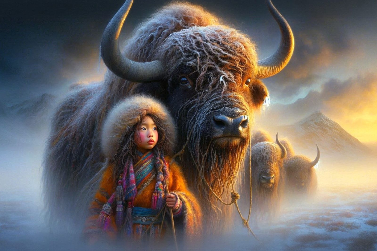 Yak with Mongolian girl