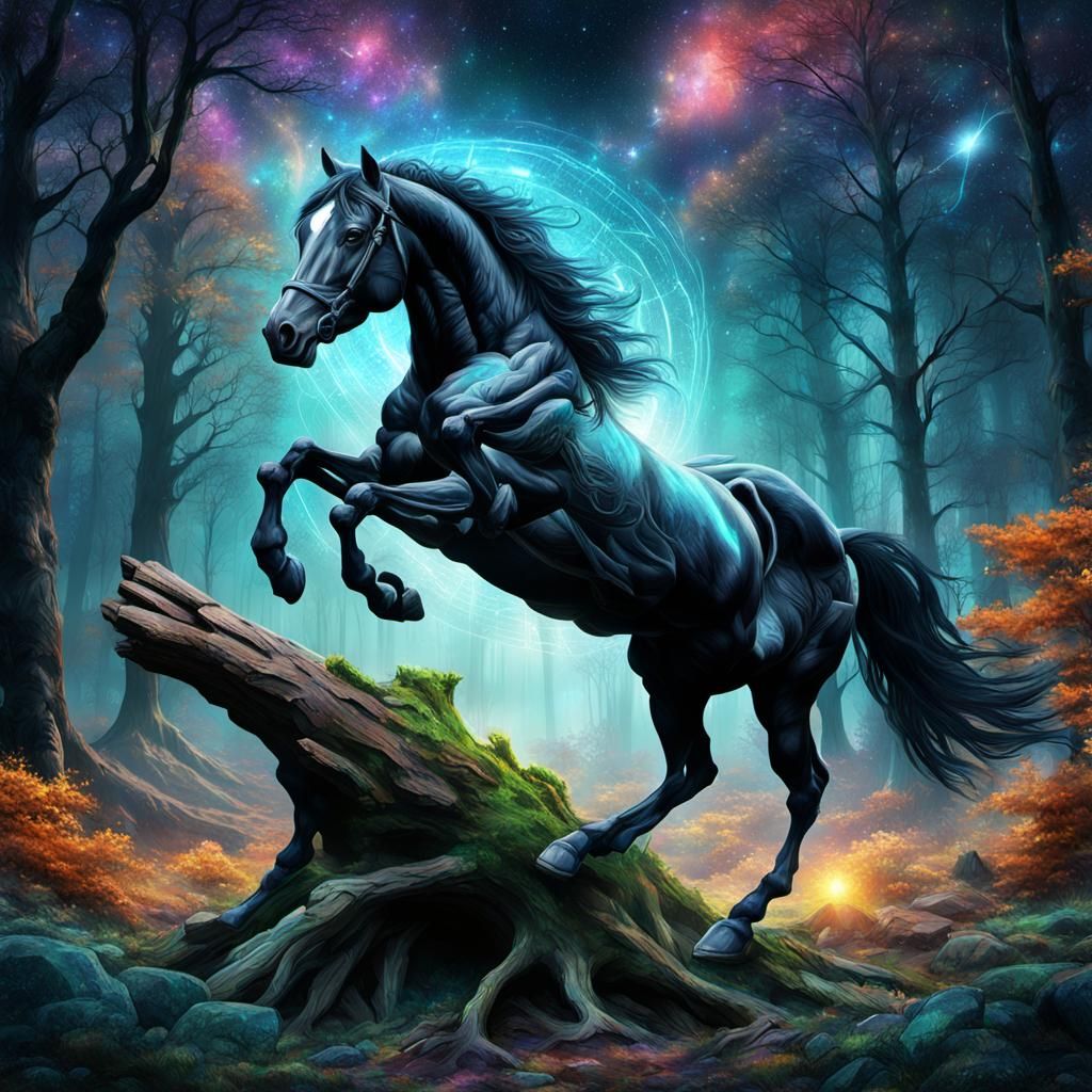 Nice black horse jumps over broken tree in de forest roks