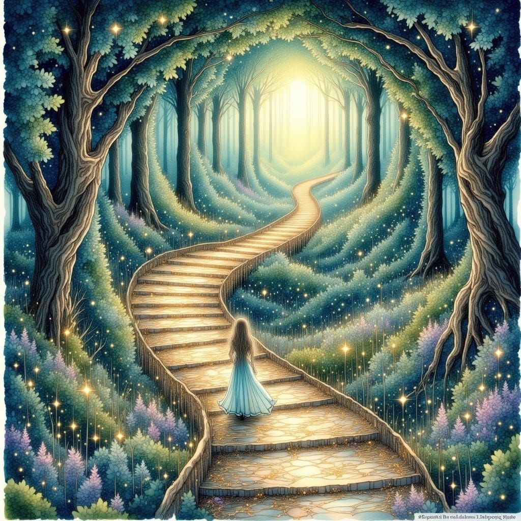 Ethereal Goddess Ascends Whimsical Stairway to Enchanted Rea...