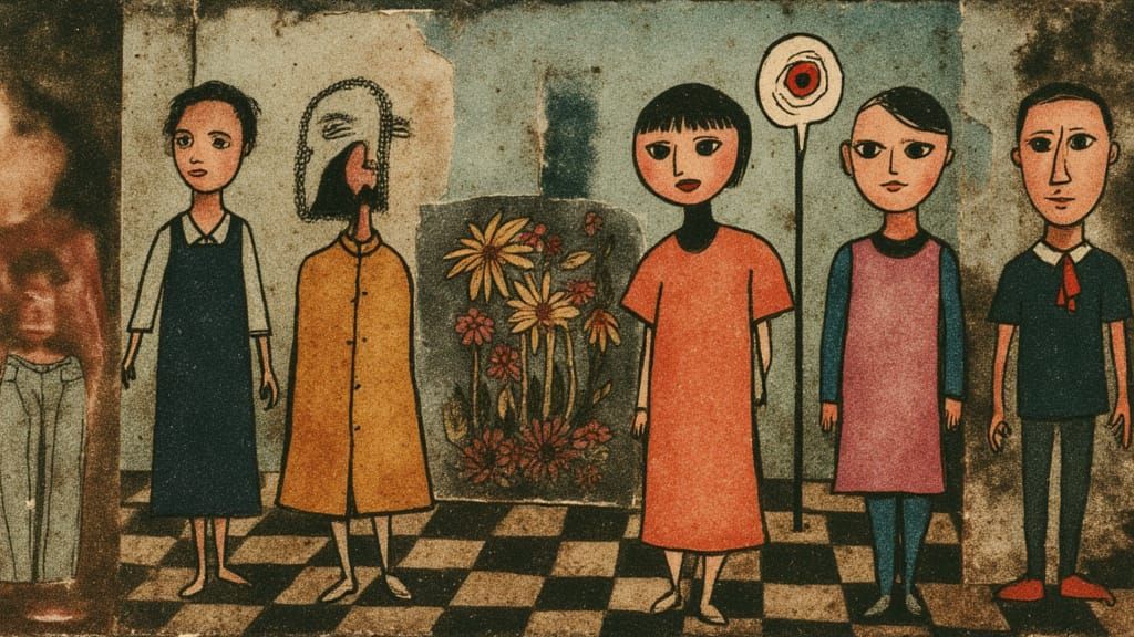 <lora:Mythprint:1.0>  mixed media surreal Elongated abstract absurd creatures in naive folk art attire dancing a conga line, adorned with vi...