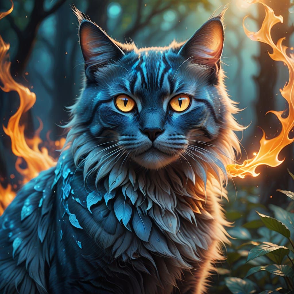 Majestic Blue Flame Cat in Mystical Atmosphere