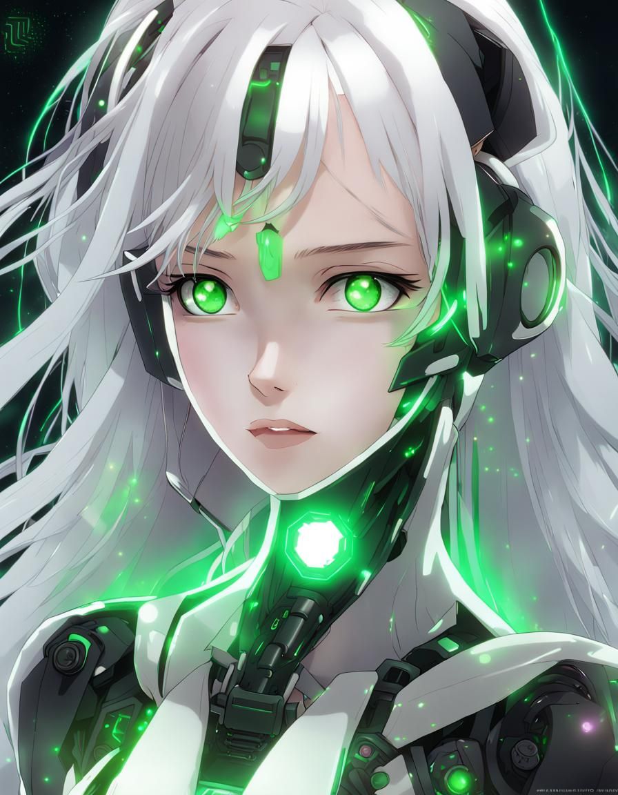 A robot girl with a very beautiful and elegant face, glowing green eyes ...