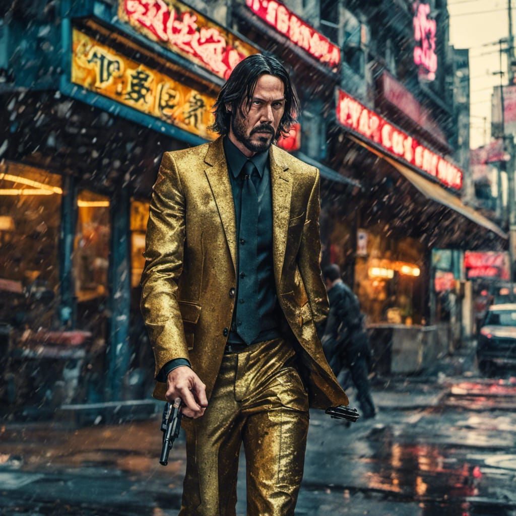 A 4K photo of John Wick walking away from a neon Japanese restaurant ...