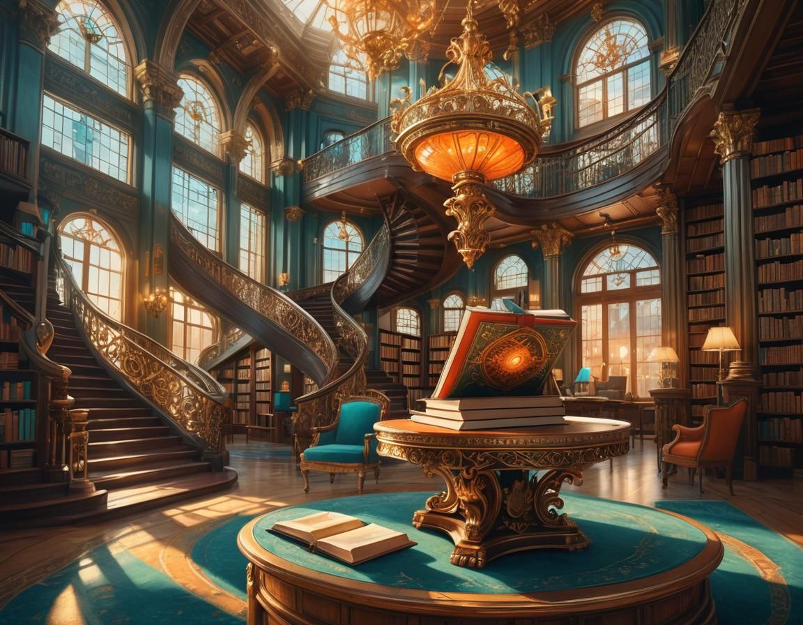 Book elaboratly decorated on the cover, the book is on an angled stand on a round table in a large library room with stairs and a mezanine a...