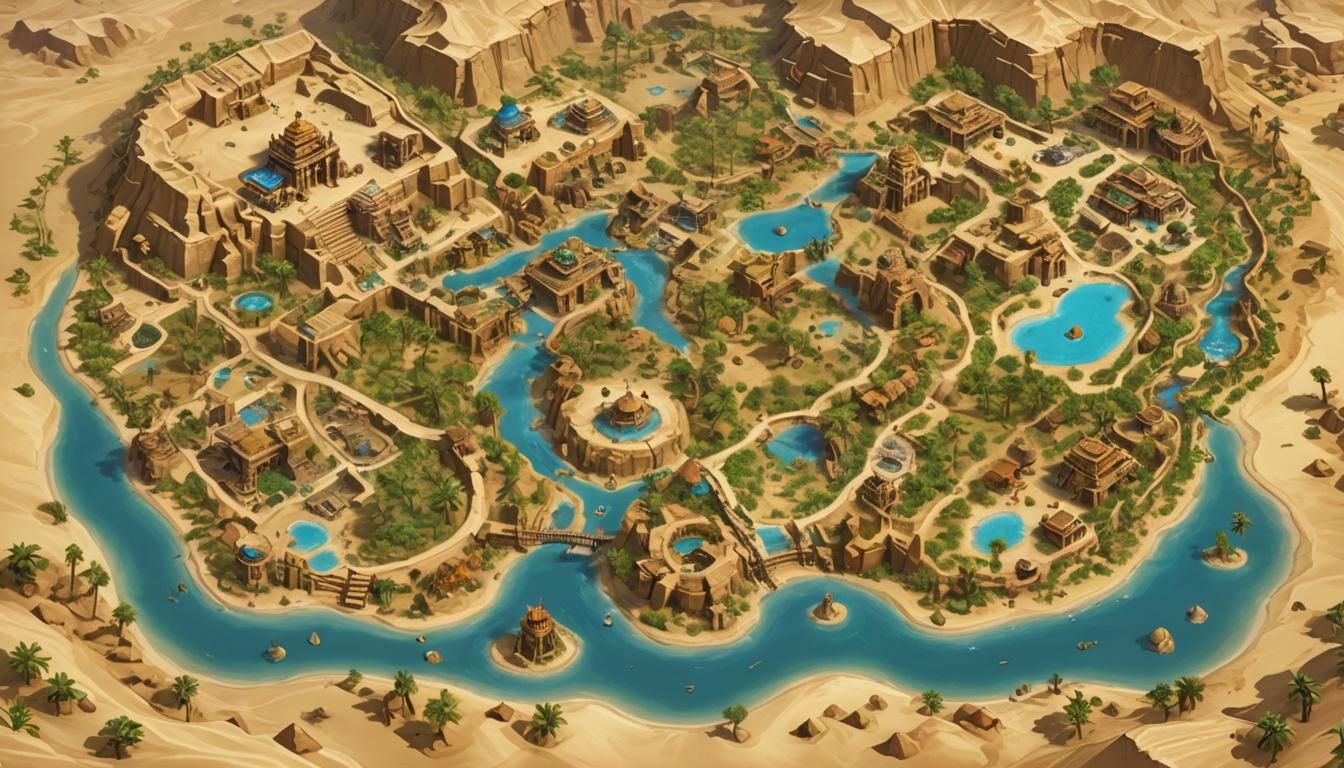 A mystical desert oasis map with hidden springs, ancient rui...