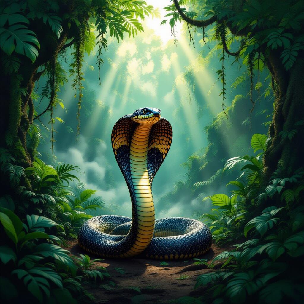 Cobra Rises Defensively in Vibrant Rainforest