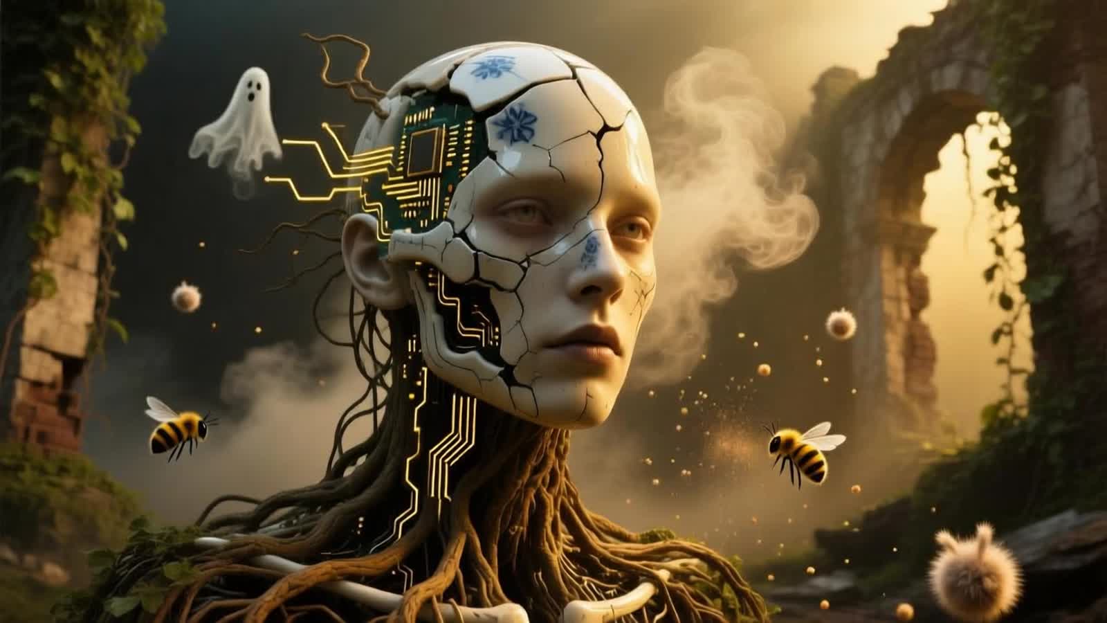 "Hyper-realistic, necropunk fever dream in the style of three artists who’d probably sue if they saw this: Beksiński glo...