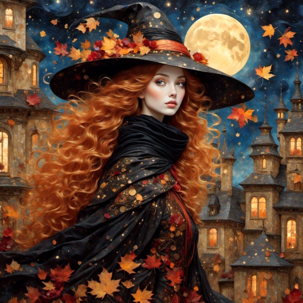 Whimsical Witch Flying over City in Impressionist Style