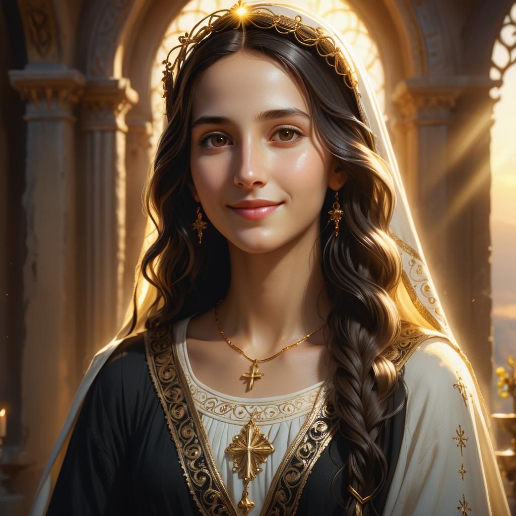 Holy Virgin Mary with dark long ringlets hair,ivory skin, sweet smile, brown eyes, black tunic. color corrected #film