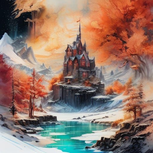 Fantasy Castles on Snowy Mountains at Sunset