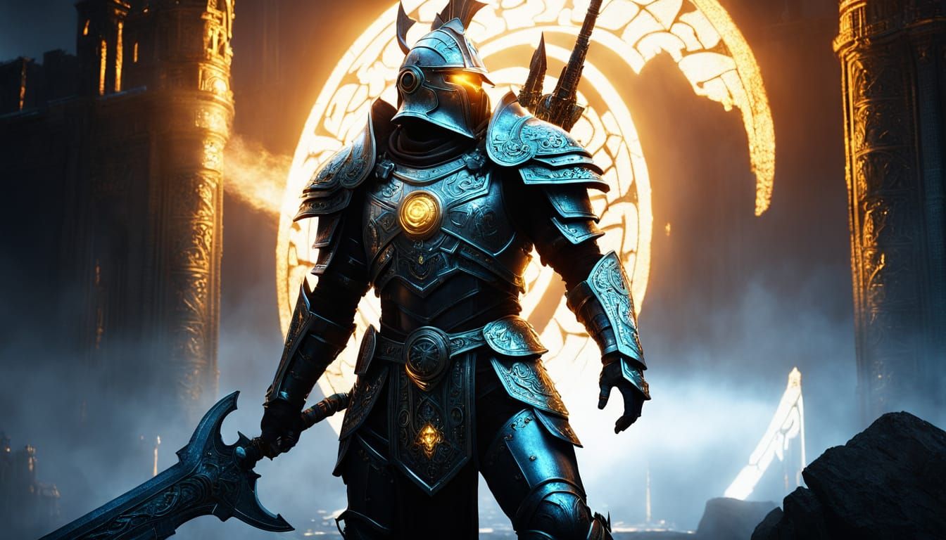 a striking and intense depiction of a sci-fi action scene. and a striking and epic fantasy scene filled with power and mysticism. A towering...